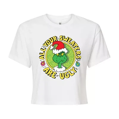 Juniors Grinch Ugly Sweater Cropped Tee Womens Crew Neck Short Sleeve Dr. Seuss Graphic T-Shirt