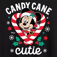 Juniors Disney Candy Cane Cutie Tee Womens Crew Neck Short Sleeve Minnie Mouse Graphic T-Shirt