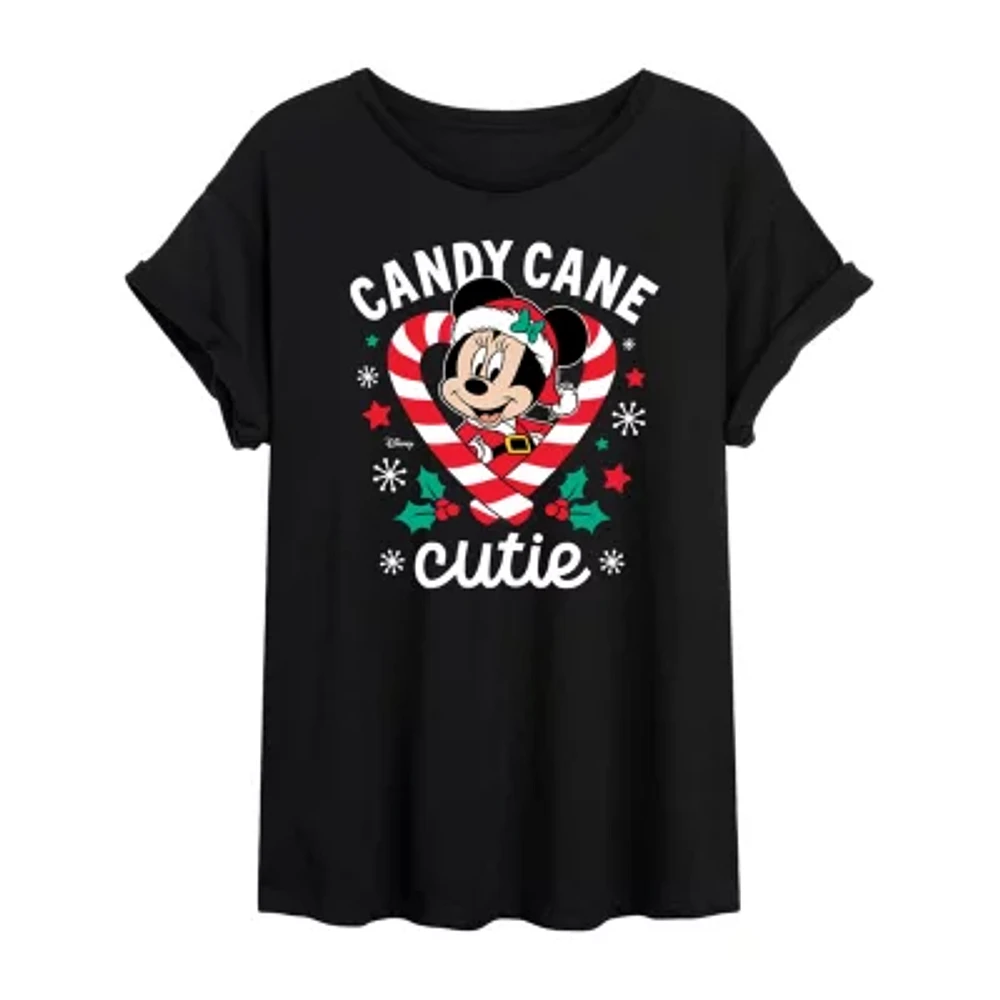 Juniors Disney Candy Cane Cutie Tee Womens Crew Neck Short Sleeve Minnie Mouse Graphic T-Shirt