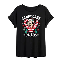 Juniors Disney Candy Cane Cutie Tee Womens Crew Neck Short Sleeve Minnie Mouse Graphic T-Shirt