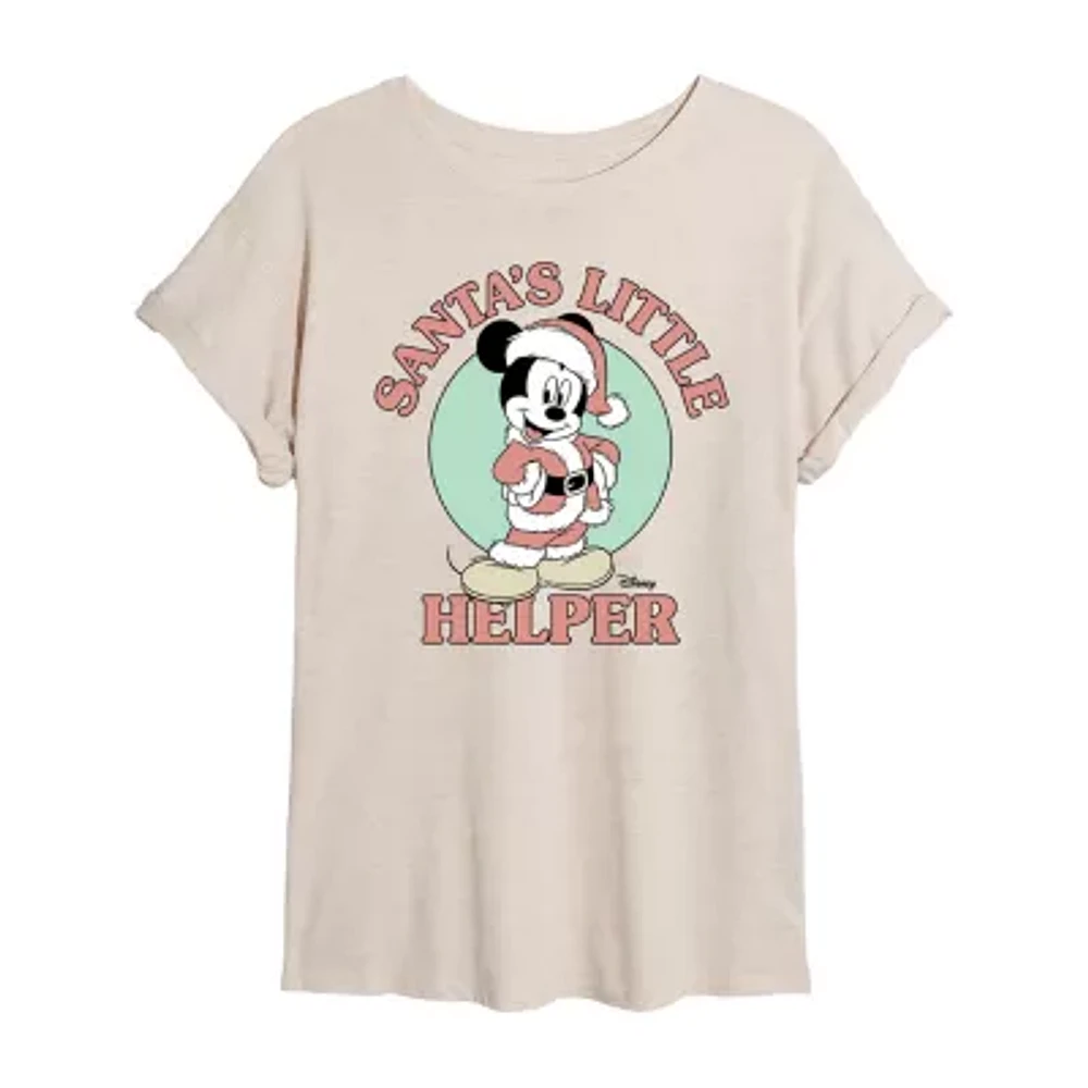 Juniors Disney Santa'S Little Helper Tee Womens Crew Neck Short Sleeve Mickey and Friends Graphic T-Shirt