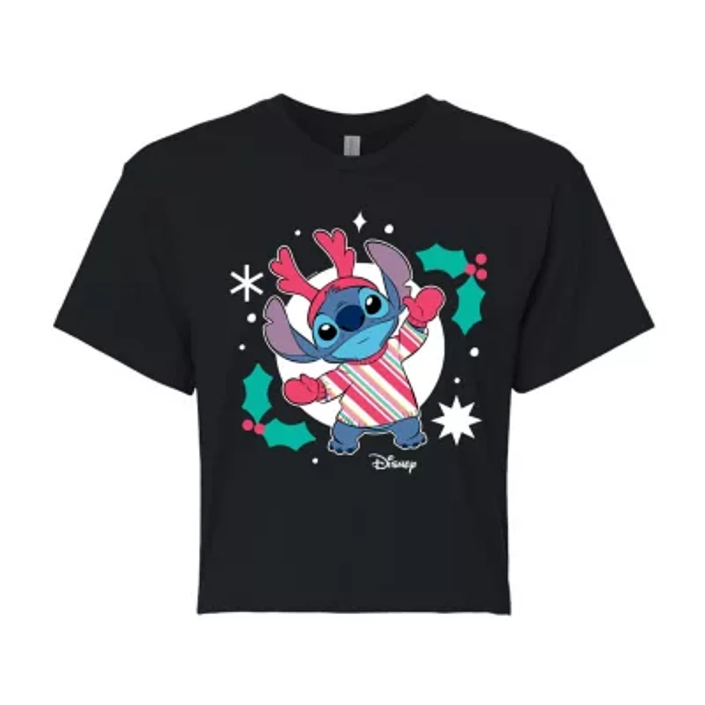 Juniors Stitch Holly Cropped Tee Womens Crew Neck Short Sleeve Graphic T-Shirt