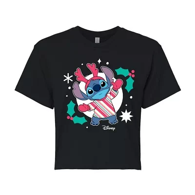 Juniors Stitch Holly Cropped Tee Womens Crew Neck Short Sleeve Graphic T-Shirt