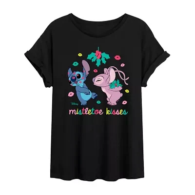 Juniors Stitch And Angel Misletoe Kisses Womens Crew Neck Short Sleeve Graphic T-Shirt