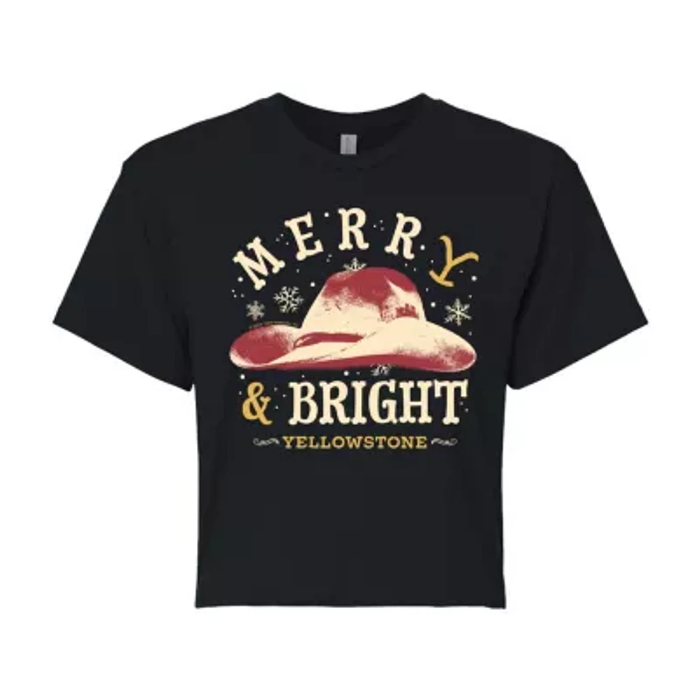 Juniors Yellowstone Merry And Bright Cropped Tee Womens Crew Neck Short Sleeve Graphic T-Shirt