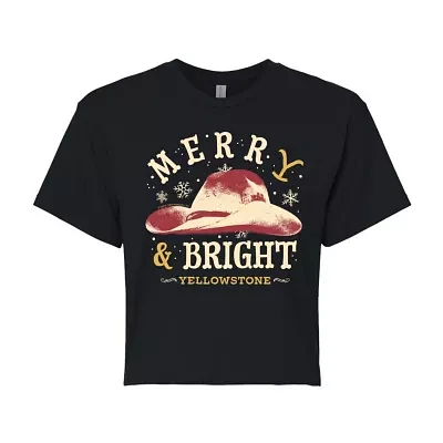 Juniors Yellowstone Merry And Bright Cropped Tee Womens Crew Neck Short Sleeve Graphic T-Shirt