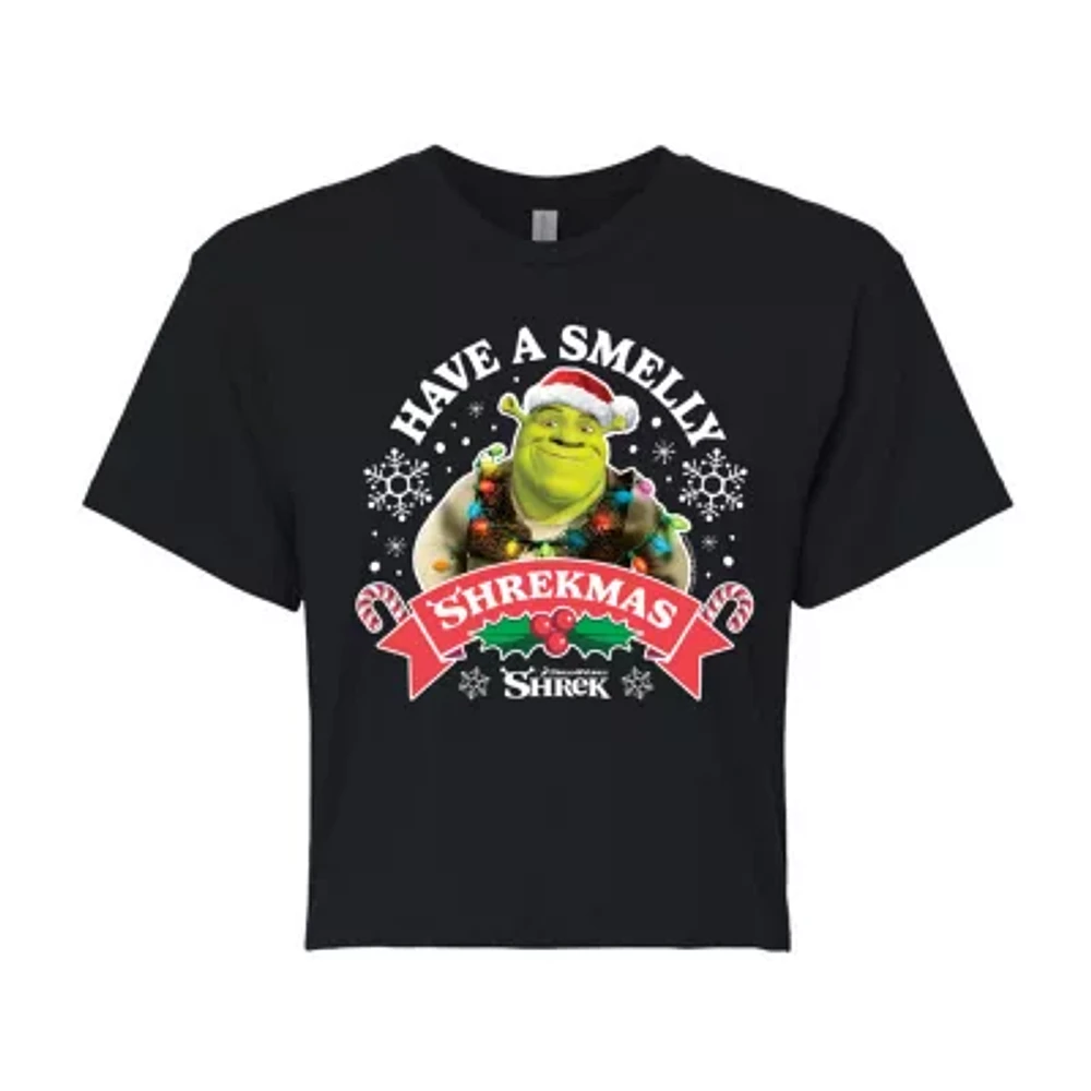 Juniors Shrek Have A Smelly Shrekmas Cropped Tee Womens Crew Neck Short Sleeve Graphic T-Shirt