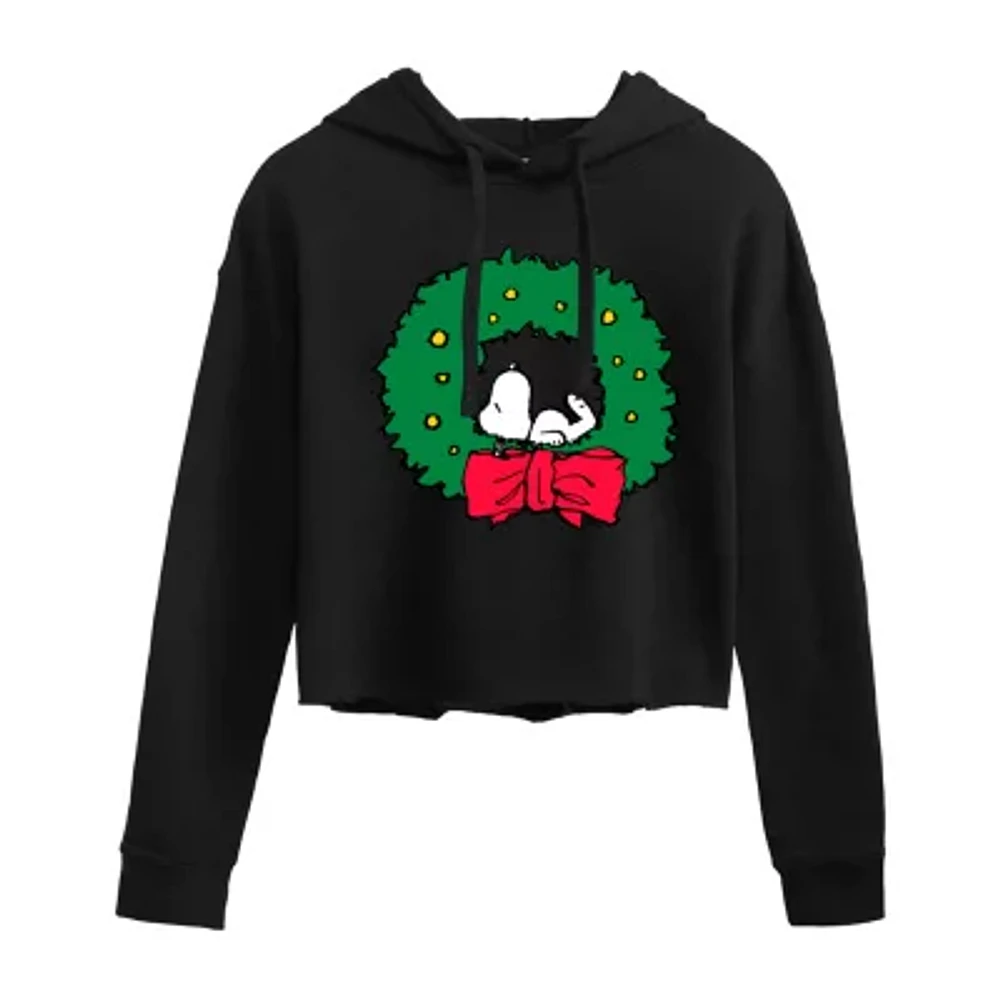 Juniors Snoopy Wreath Cropped Hoodie Womens Long Sleeve Peanuts