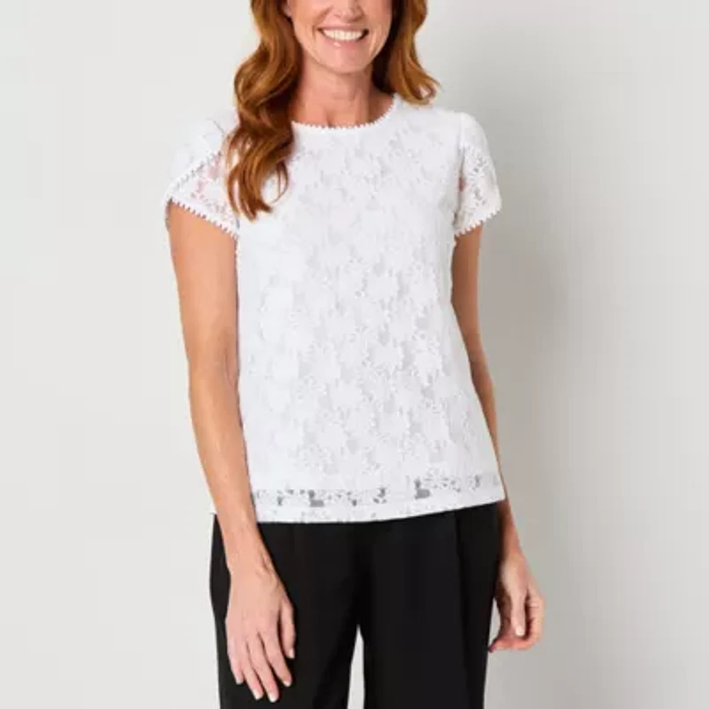 Liz Claiborne Tall Womens Round Neck Short Sleeve Lace Blouse