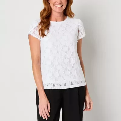 Liz Claiborne Tall Womens Round Neck Short Sleeve Lace Blouse