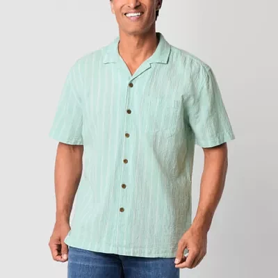 St. John's Bay Textured Button-Down Mens V Neck Short Sleeve Camp Shirt