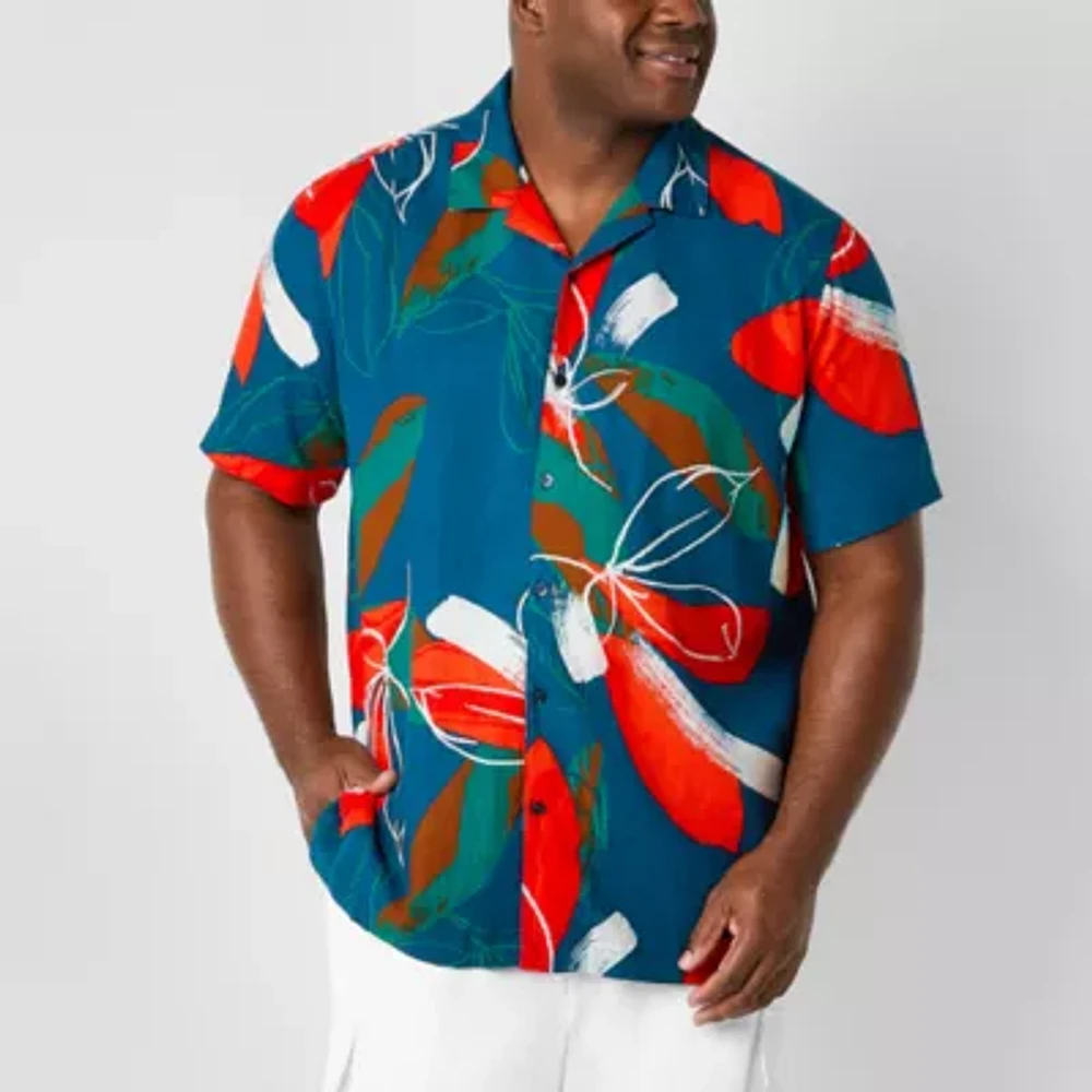 Shaquille O'Neal XLG Big and Tall Mens Regular Fit Short Sleeve Floral Button-Down Shirt