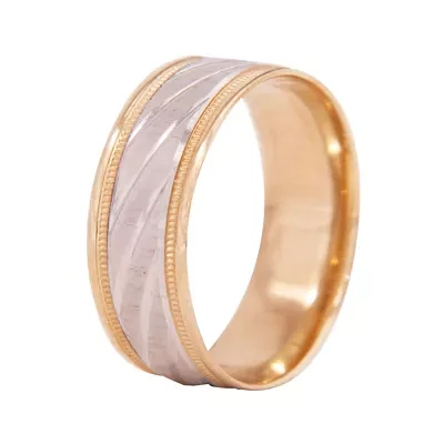 Mens 10K Two-Tone Gold 8mm Engraved Wedding Band