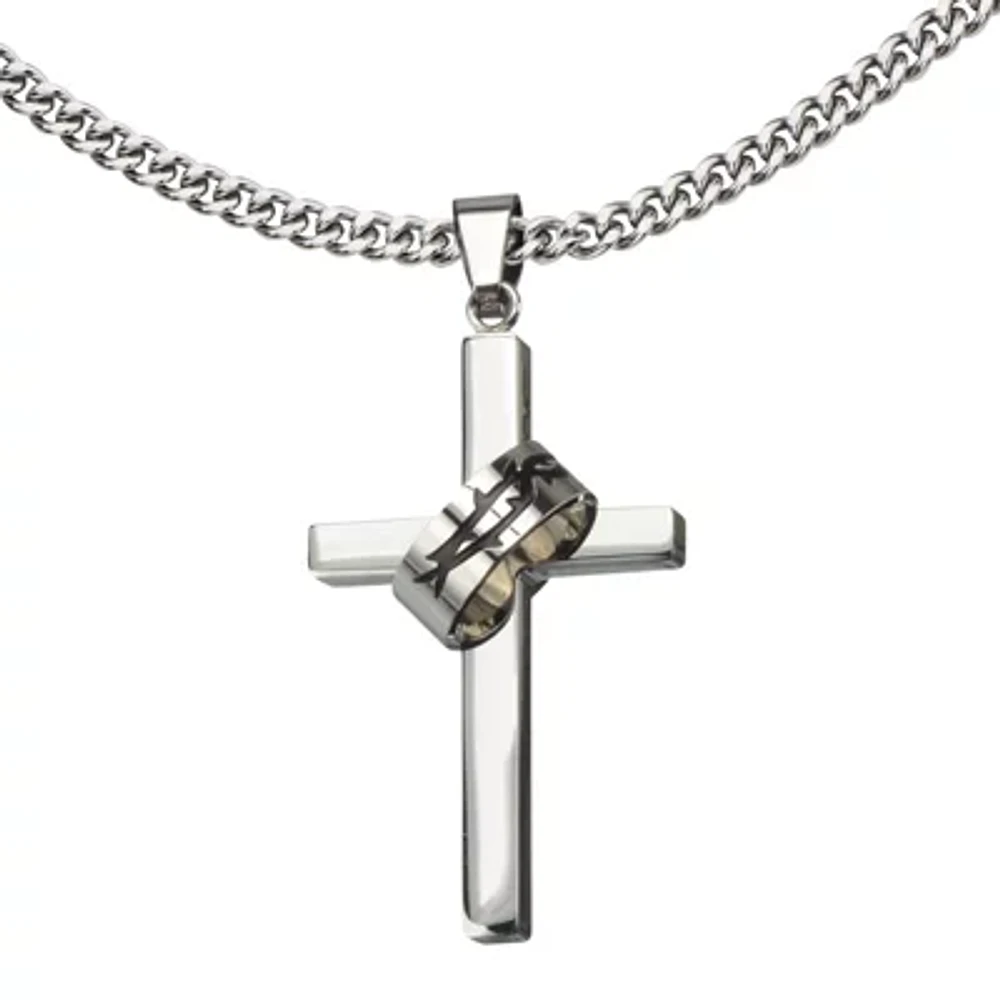 Inox® Jewelry Mens Stainless Steel Crown of Thorns Cross Pendant Necklace