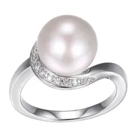 Womens Diamond Accent 10-11MM White Cultured Freshwater Pearl Sterling Silver Cocktail Ring