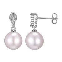 Diamond Accent Pink Cultured Freshwater Pearl Sterling Silver Ball Drop Earrings