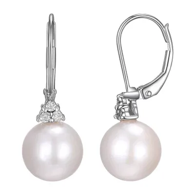 Diamond Accent White Cultured Freshwater Pearl Sterling Silver Ball Drop Earrings