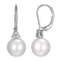 Diamond Accent White Cultured Freshwater Pearl Sterling Silver Ball Drop Earrings