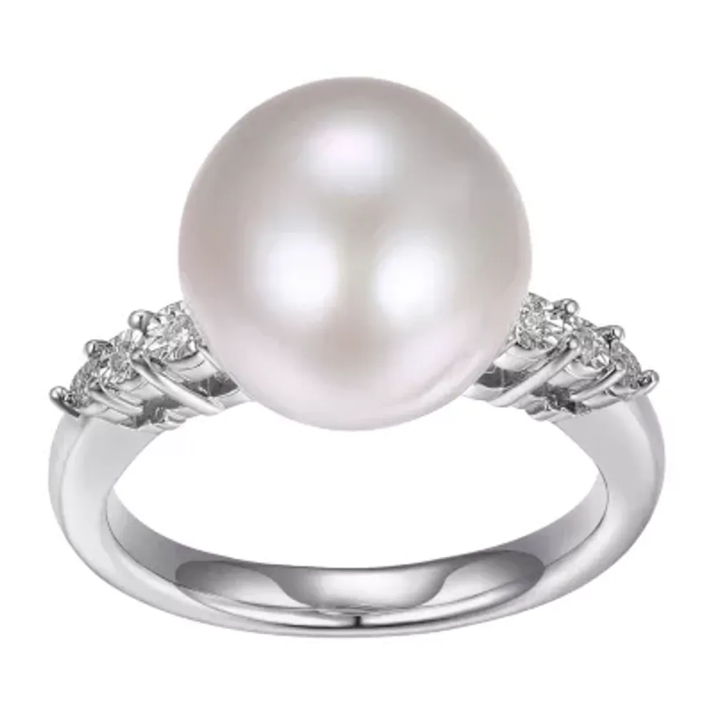 Womens Diamond Accent White Cultured Freshwater Pearl Sterling Silver Cocktail Ring