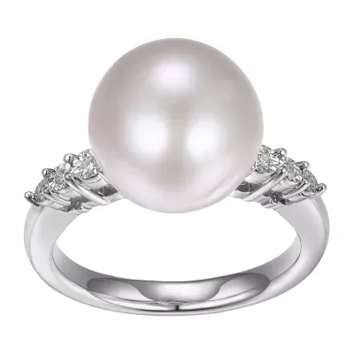 Womens Diamond Accent White Cultured Freshwater Pearl Sterling Silver Cocktail Ring