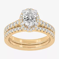 H-I / Si1-Si2) Womens 1 / CT. T.W. Lab Grown White Diamond 14K Gold Oval Side Stone Halo Bridal Set