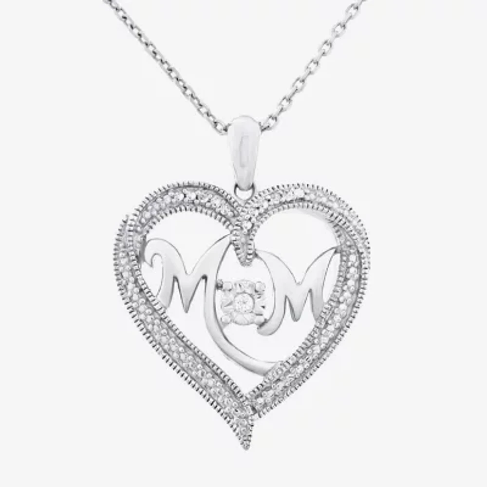 "Mom" Womens Diamond Accent Natural White Sterling Silver Heart 20 Inch Pendant Necklace