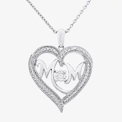 "Mom" Womens Diamond Accent Natural White Sterling Silver Heart 20 Inch Pendant Necklace