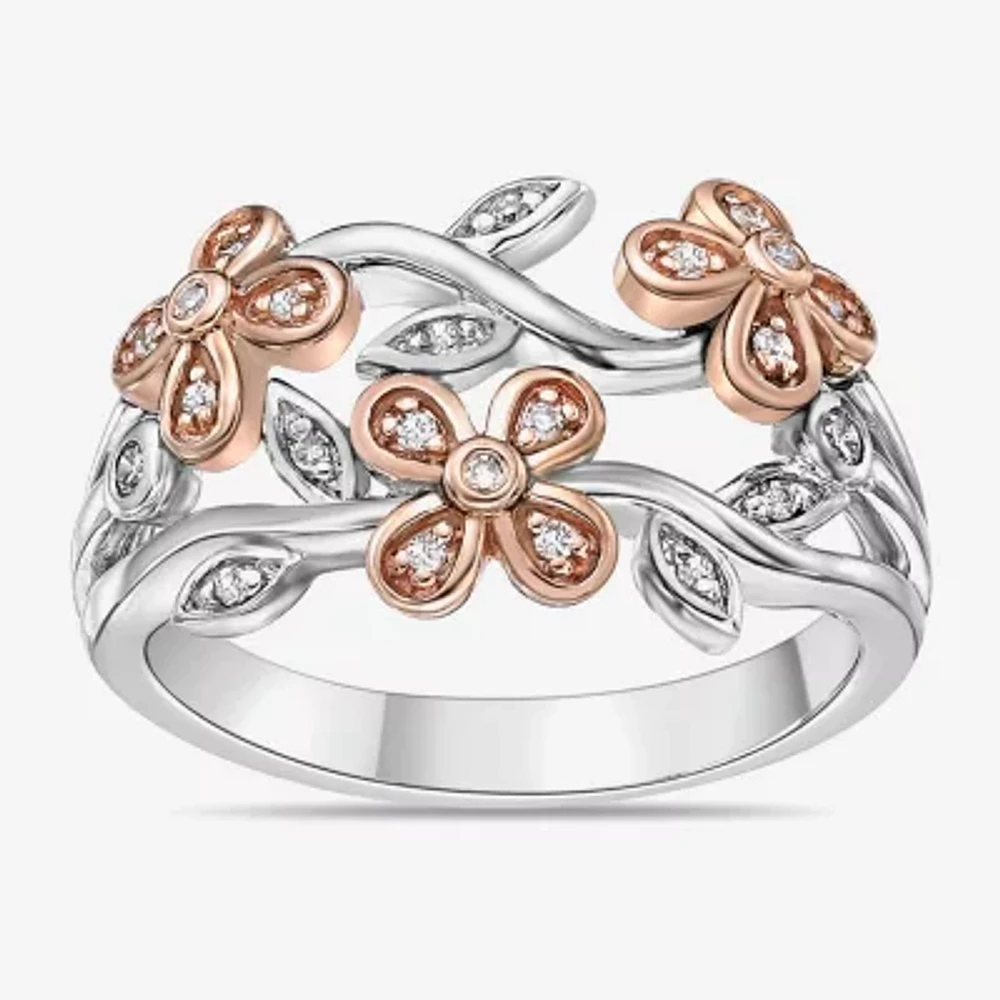 1/8 CT. T.W. Natural White Diamond 10K Rose Gold Over Silver Sterling Silver Flower Band