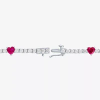 Lab Created Red Ruby Pure Silver Over Brass Heart 7.5 Inch Tennis Bracelet