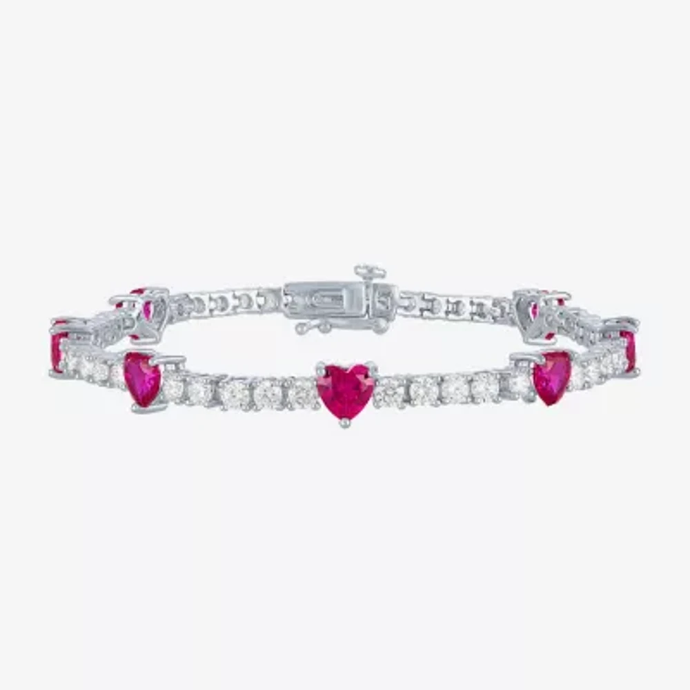 Lab Created Red Ruby Pure Silver Over Brass Heart 7.5 Inch Tennis Bracelet