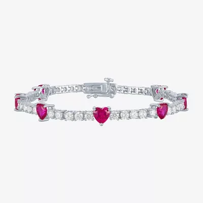 Lab Created Red Ruby Pure Silver Over Brass Heart 7.5 Inch Tennis Bracelet