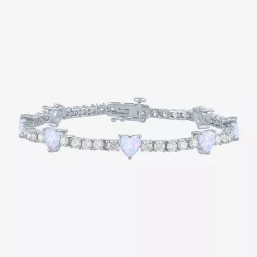 Lab Created White Opal Pure Silver Over Brass Heart 7.5 Inch Tennis Bracelet