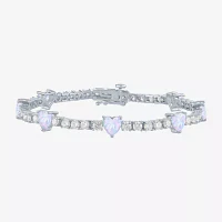 Lab Created White Opal Pure Silver Over Brass Heart 7.5 Inch Tennis Bracelet