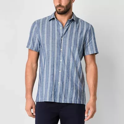 Stafford Mens Regular Fit Short Sleeve Striped Button-Down Shirt