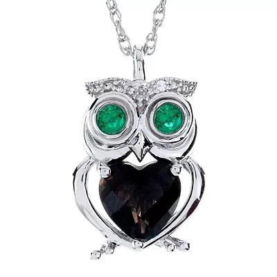 Genuine Smoky Quartz & Lab-Created Emerald Owl Pendant Necklace