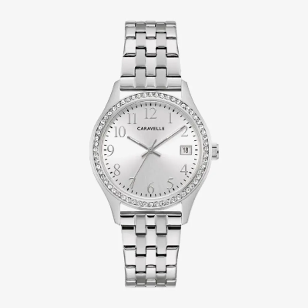 Caravelle Designed By Bulova Womens Crystal Accent Silver Tone Stainless Steel 2-pc. Watch Boxed Set 43x104