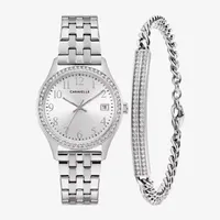 Caravelle Designed By Bulova Womens Crystal Accent Silver Tone Stainless Steel 2-pc. Watch Boxed Set 43x104