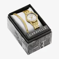 Caravelle Designed By Bulova Womens Crystal Accent Gold Tone Stainless Steel 2-pc. Watch Boxed Set 44x101