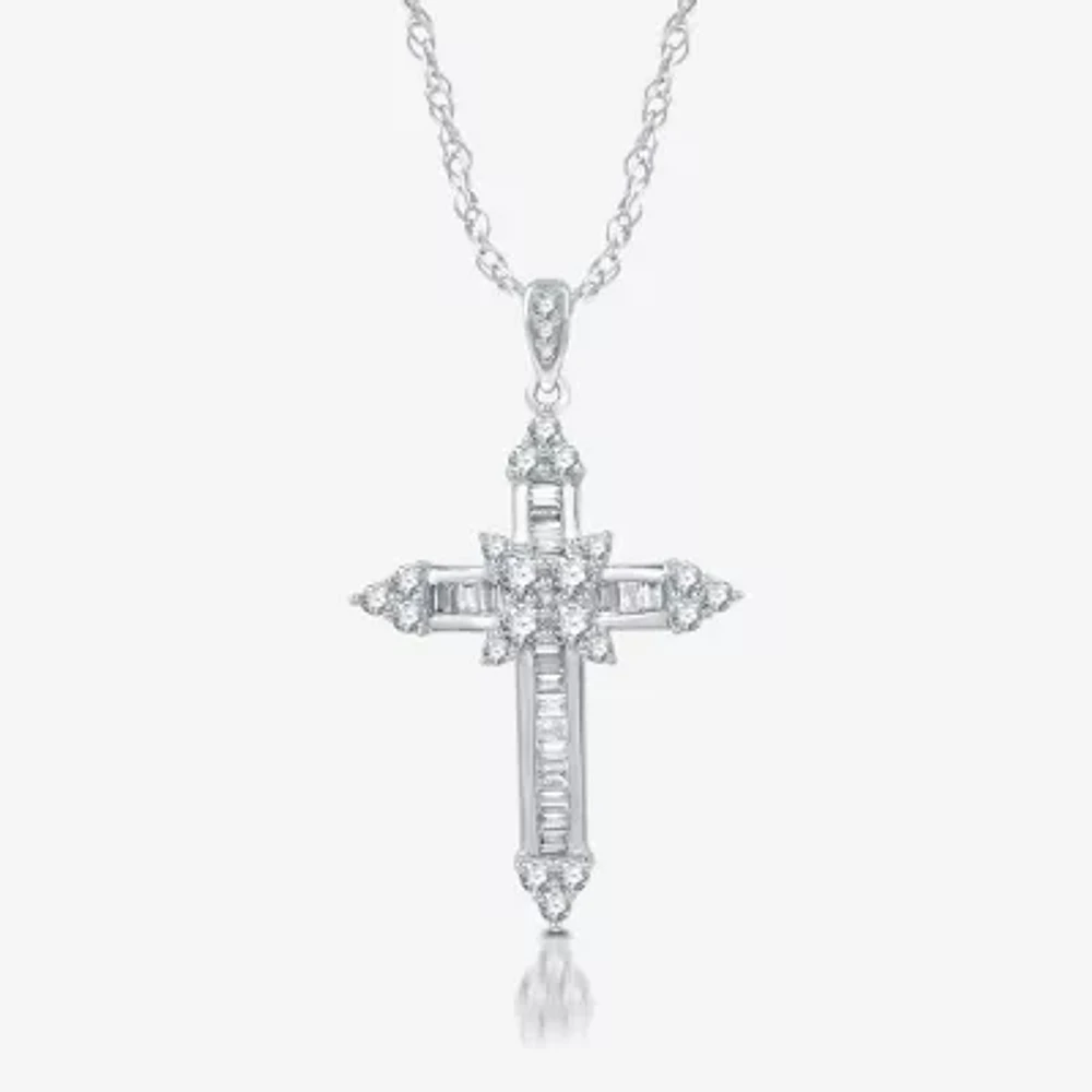 (H-I / I1) Womens 1 CT. T.W. Lab Grown White Diamond 10K White Gold Cross Pendant Necklaces