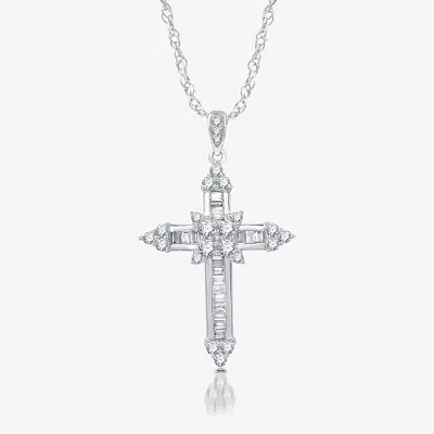 (H-I / I1) Womens 1 CT. T.W. Lab Grown White Diamond 10K White Gold Cross Pendant Necklaces
