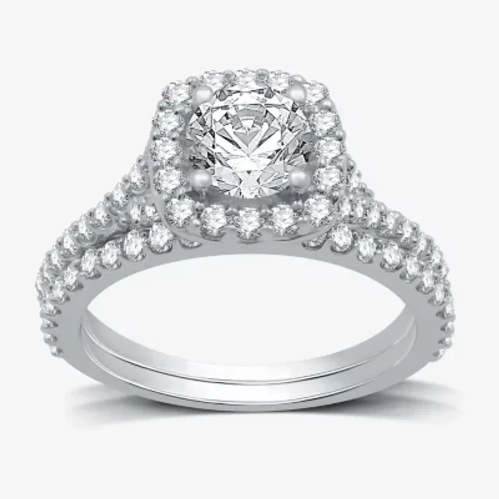 Signature By Modern Bride (H-I / I1) Womens 2 CT. T.W. Lab Grown White Diamond 10K Gold Cushion Side Stone Halo Bridal Set