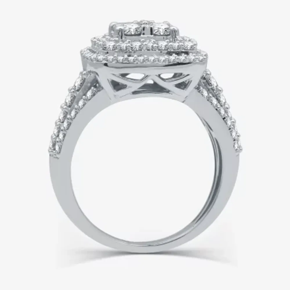 (H-I / I1) Womens 2 CT. T.W. Lab Grown White Diamond 10K Gold Cushion Side Stone Halo Engagement Ring