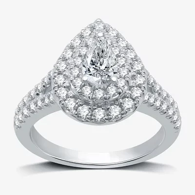 Signature By Modern Bride (H-I / I1) Womens 1 1/ CT. T.W. Lab Grown White Diamond 10K Gold Pear Side Stone Halo Engagement Ring