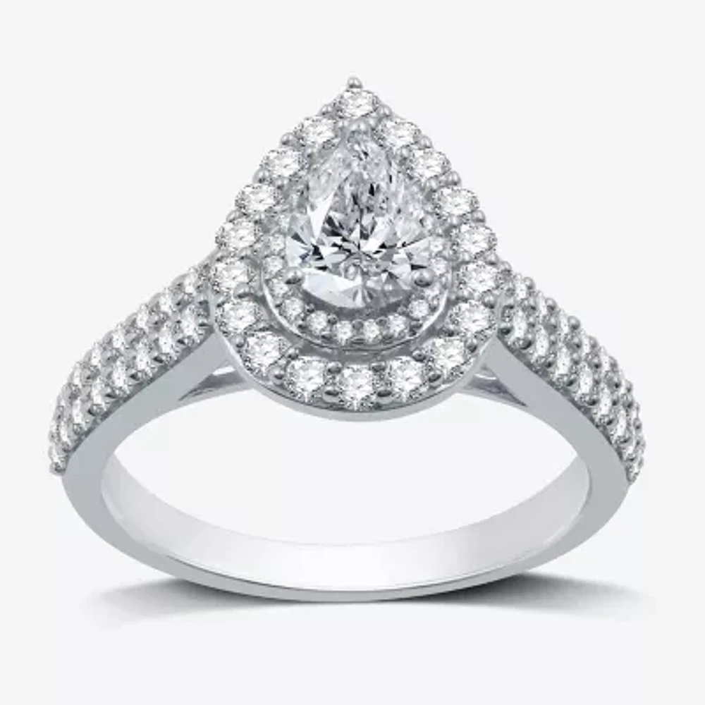 Signature By Modern Bride (H-I / I1) Womens 1 1/4 CT. T.W. Lab Grown White Diamond 10K Gold Pear Side Stone Halo Engagement Ring