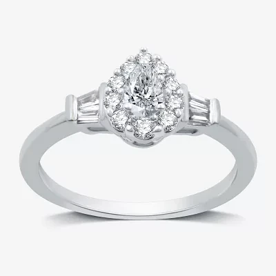 Signature By Modern Bride (H-I / I1) Womens 1/2 CT. T.W. Lab Grown White Diamond 10K Gold Pear Side Stone Halo Engagement Ring