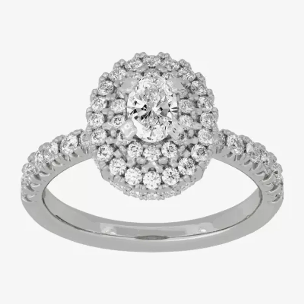 (H-I / Si1-Si2) Womens 1 1/4 CT. T.W. Lab Grown White Diamond 10K Gold Oval Side Stone Halo Engagement Ring