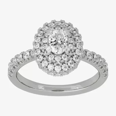 (H-I / Si1-Si2) Womens 1 1/4 CT. T.W. Lab Grown White Diamond 10K Gold Oval Side Stone Halo Engagement Ring