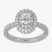 H-I / Si1-Si2) Womens 1 1/ CT. T.W. Lab Grown White Diamond 10K Gold Oval Side Stone Halo Engagement Ring