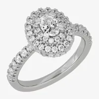 H-I / Si1-Si2) Womens 1 1/ CT. T.W. Lab Grown White Diamond 10K Gold Oval Side Stone Halo Engagement Ring