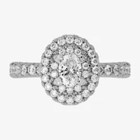 H-I / Si1-Si2) Womens 1 1/ CT. T.W. Lab Grown White Diamond 10K Gold Oval Side Stone Halo Engagement Ring